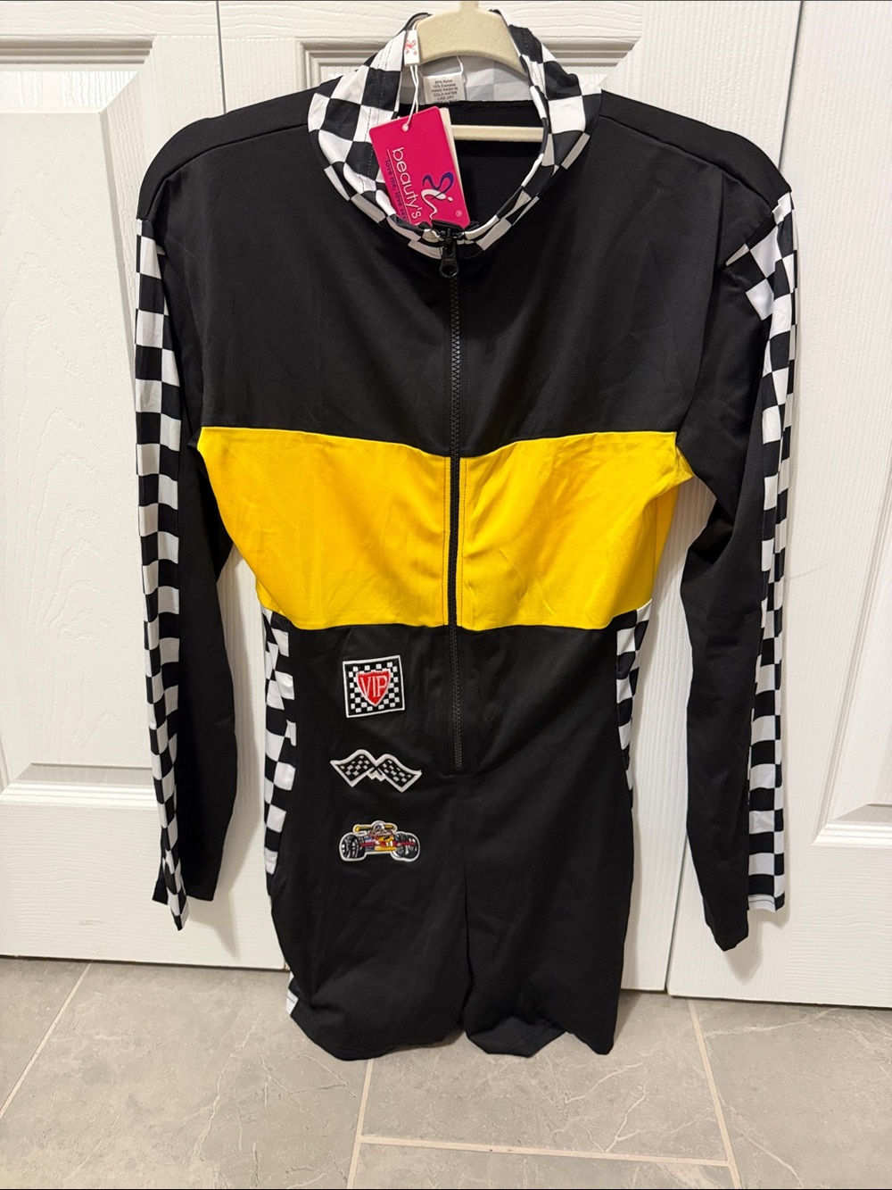 NWT Beauty’s Love Halloween costume. Size XL. Race car driver. Black/yellow/wht
